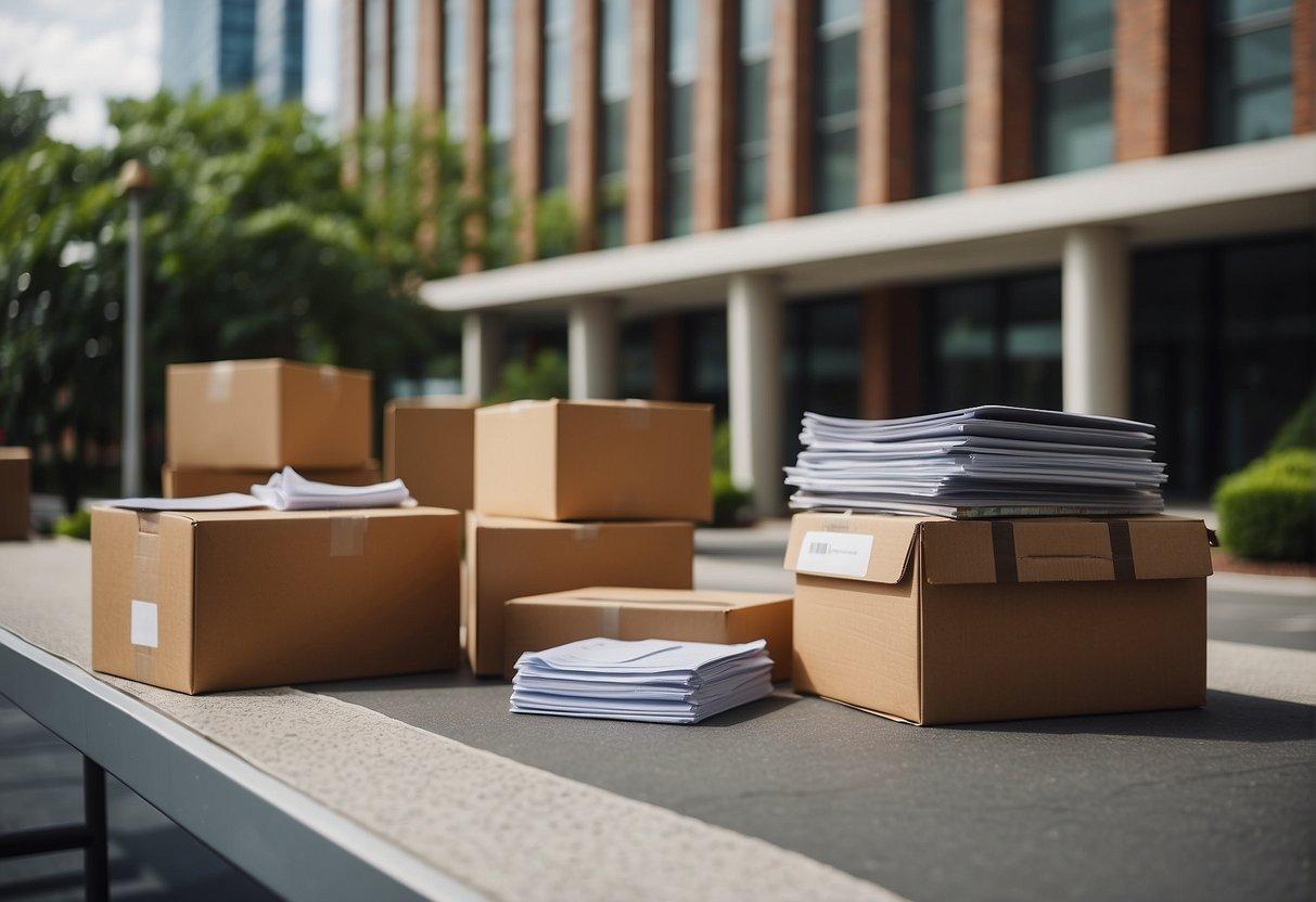 Employees' belongings packed in boxes, a moving truck parked outside an office building, and a stack of relocation guides on a desk