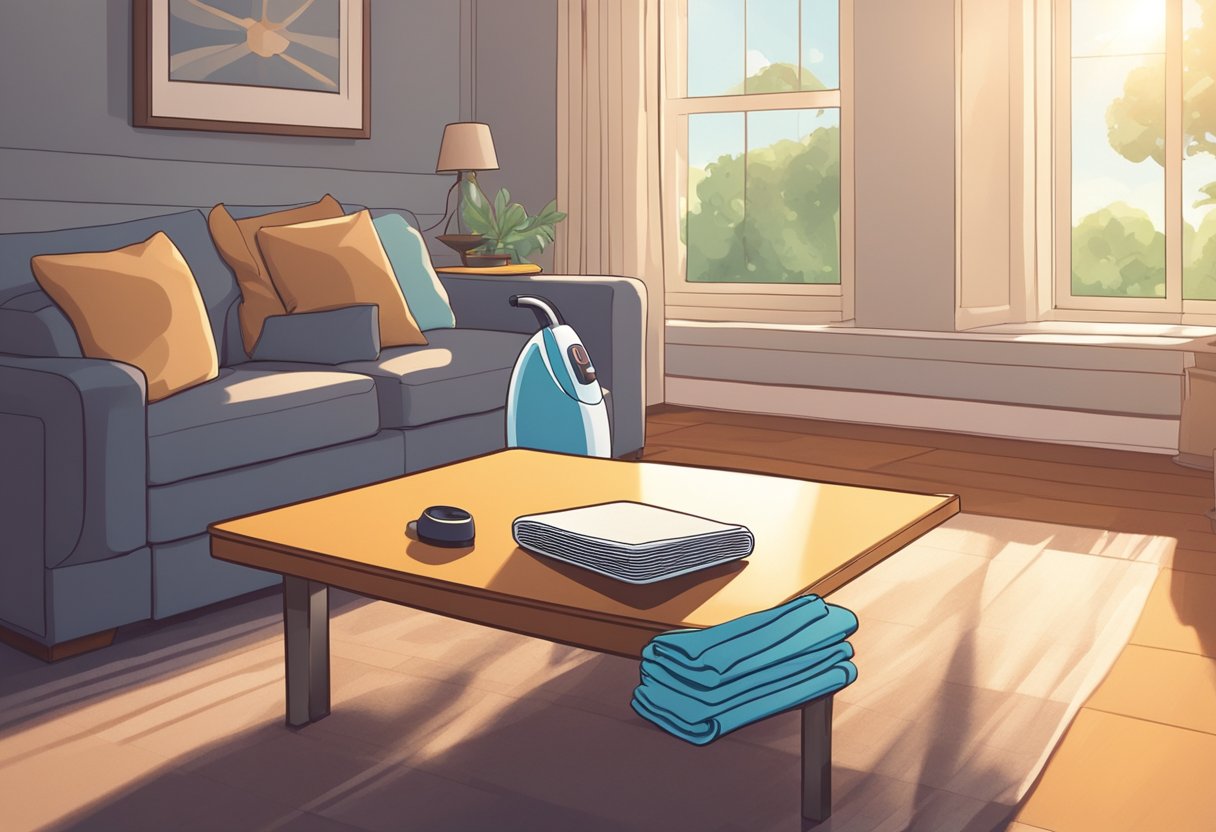 A vacuum cleaner sits in the corner of a tidy living room, with a stack of neatly folded cleaning cloths on the coffee table. Sunlight streams through the windows, highlighting the cleanliness of the space