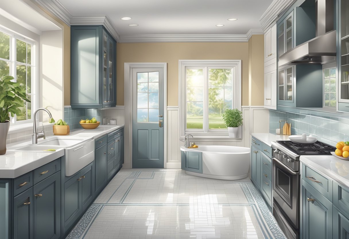 A pristine kitchen with gleaming countertops, spotless appliances, and sparkling floors. A bright bathroom with a sparkling tub, shining tiles, and a glistening mirror