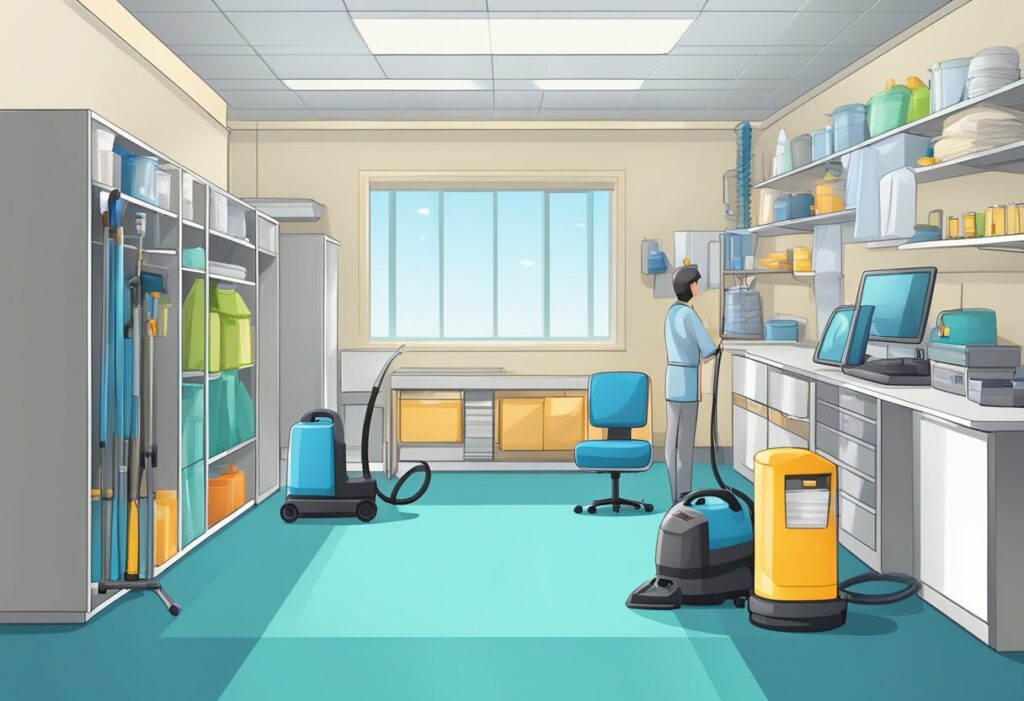 A sparkling clean room with vacuum lines on the carpet, gleaming surfaces, and neatly arranged furniture. Cleaning supplies and equipment are neatly organized in the corner