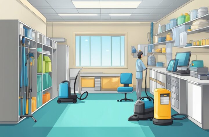 A sparkling clean room with vacuum lines on the carpet, gleaming surfaces, and neatly arranged furniture. Cleaning supplies and equipment are neatly organized in the corner