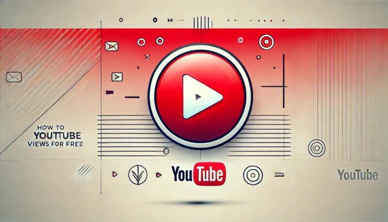 A professional and visually striking horizontal banner for an article about 'How to Get YouTube Views for Free.' Features a large centered YouTube play button icon, a clean gradient red and white background, and simple graphic elements like lines or shadows for depth. No text, focusing purely on bold, minimalist visuals that align with YouTube branding.