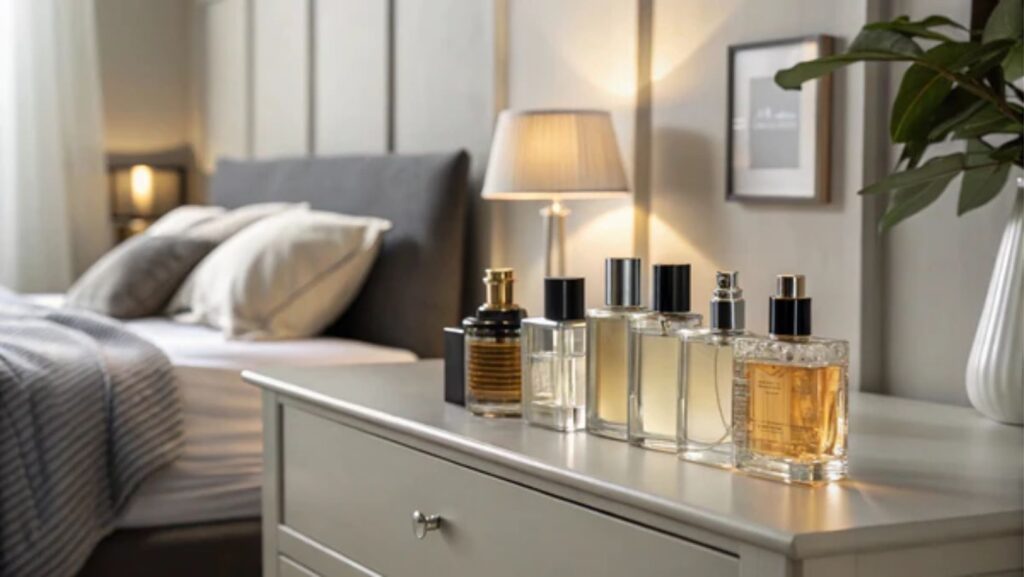 Elegant perfume bottles on bedroom dresser.