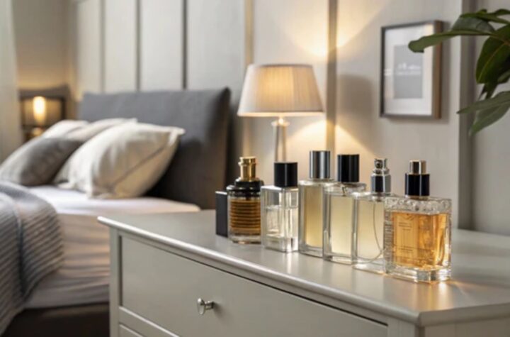 Elegant perfume bottles on bedroom dresser.